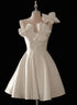 Cute Short White Satin Knee Length Party Dress with Bow, White Graduation Dress