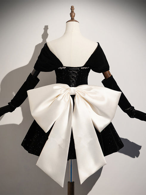 Sparkly Black Velvet A-Line Party Dress with Off-Shoulder Sleeves, Black Velvet Homecoming Dress