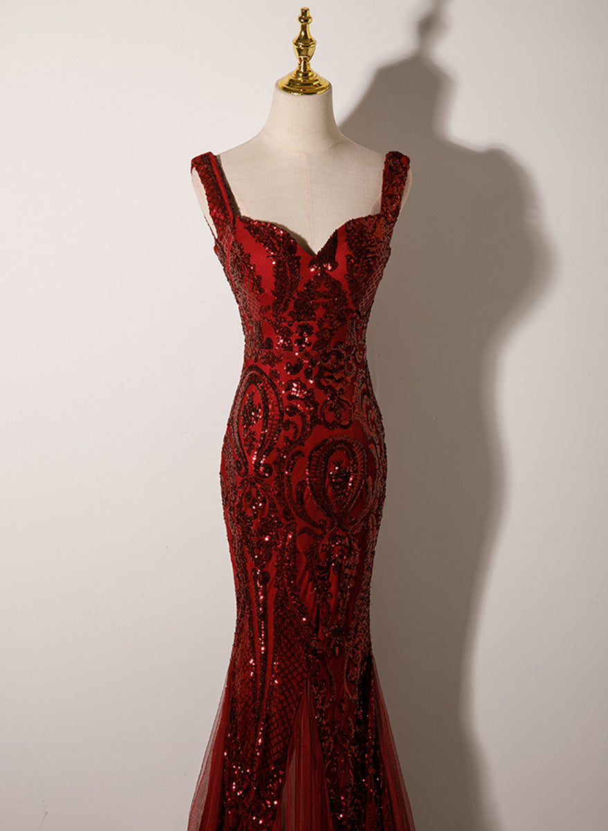 Wine Red Tulle Mermaid Straps Long Party Dress with Straps, Wine Red Long Prom Dress