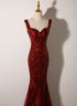 Wine Red Straps Sweetheart Mermaid Long Party Dress, Wine Red Sequins Prom Dress