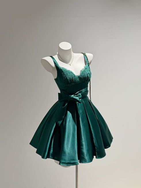 Green Satin with Lace Straps Sweetheart Homecoming Dress, Green Satin Short Party Dress