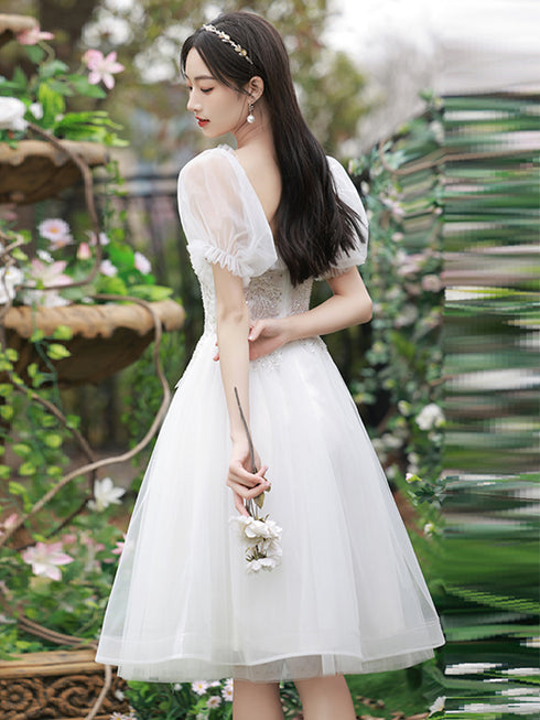 Cute Short Tulle Party Dress with Beadings, White Formal Dress Graduation Dress