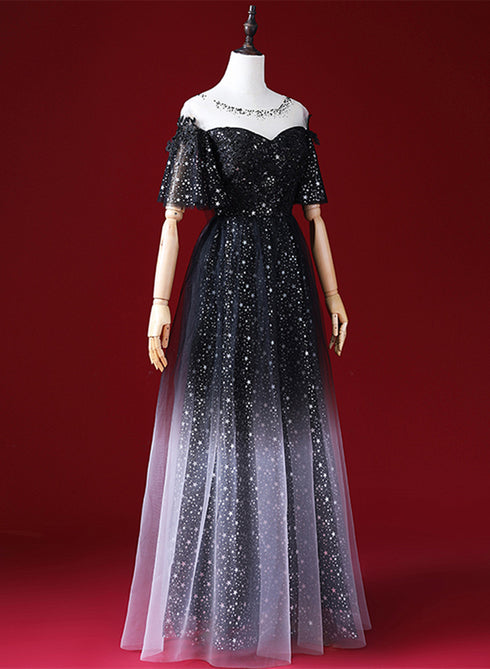 Black A-line Gradient Tulle Short Sleeves Prom Dress, Black Long Evening Dress
