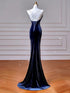 Navy Blue Mermaid Straps Velvet Long Party Dress, Navy Blue Velvet Long Prom Dress