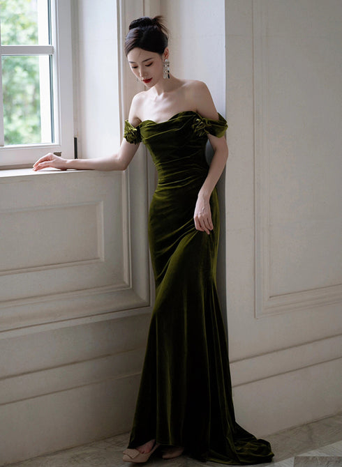Green Mermaid Sweetheart Off Shoulder Formal Dress, Green Velvet Prom Dress