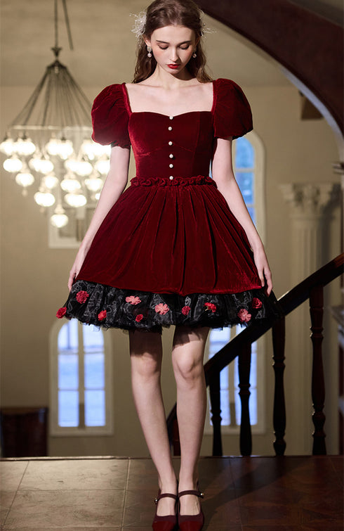 Wine Red Velvet Short Party Dress with Short Sleeves, Wine Red Velvet Homecoming Dress