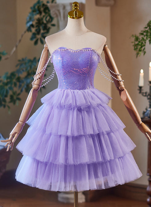 Cute Lavender Tulle and Sequins Short Party Dress, Lavender Homecoming Dress