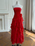 Strapless Red Elegant Ruffled Tiered Long Prom Gown, Red Chiffon Floor Length Lace-up Evening Dress
