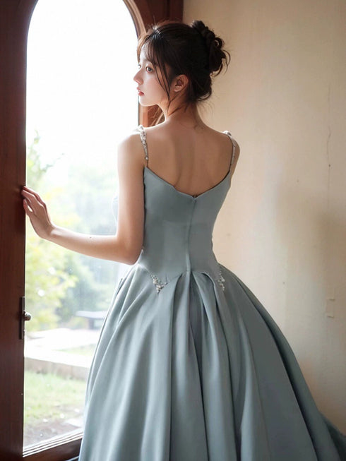 Blue Satin Beaded Straps Long Evening Dress, Blue Satin Prom Dress