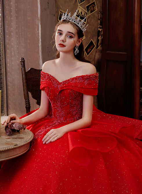 Red Tulle Sweetheart Ball Gown Beaded Long Formal Dress, Red Tulle Sweet 16 Dress