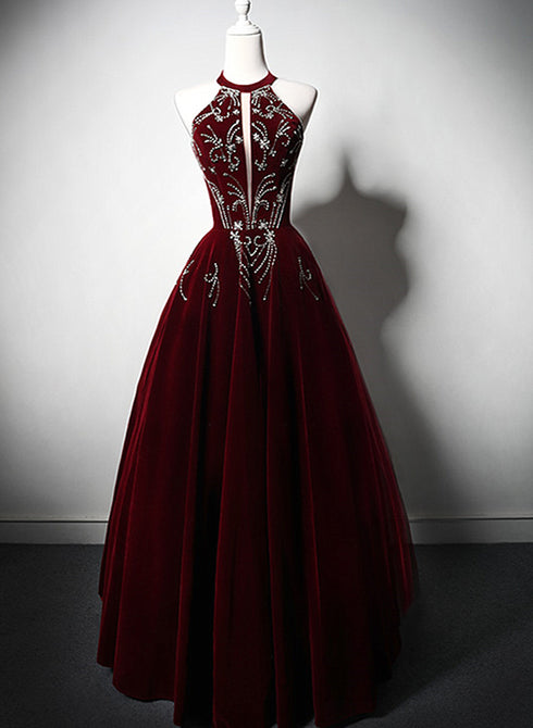 Wine Red Velvet Beaded Halter Long Formal Dress, A-line Velvet Prom Dress