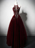 Wine Red Velvet Beaded Halter Long Formal Dress, A-line Velvet Prom Dress
