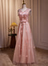 Pink V-neckline Tulle Beaded with Lace Applique Prom Dress, Pink Party Dress