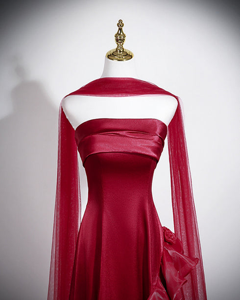 Strapless Wine Red Formal Gown With Organza Skirt, Wine Red Satin A-Line Prom Dress