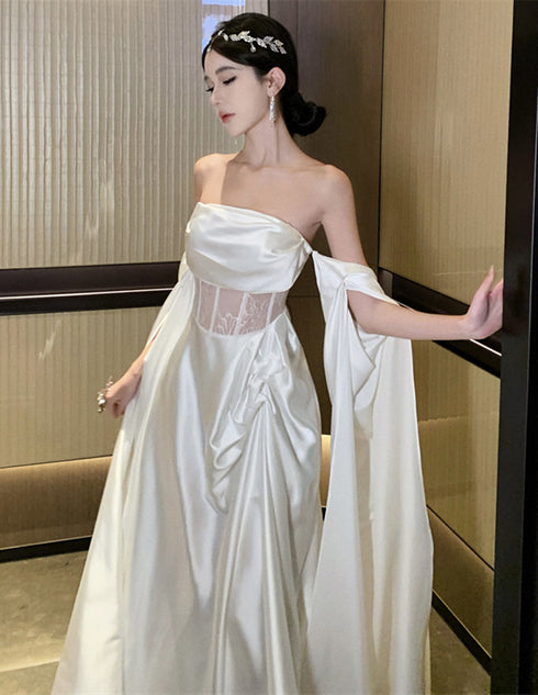 White Satin Off Shoulder Wedding Party Dress, White A-line Long Evening Dress Prom Dress