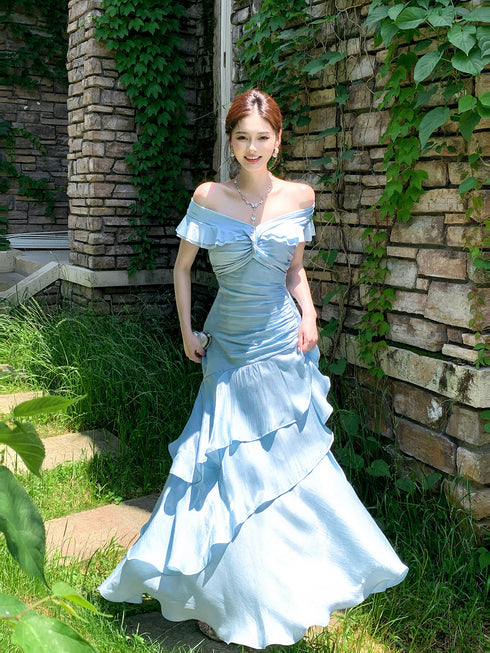 Light Blue Off Shoulder Sweetheart Long Formal Dress, Light Blue Ruffled Floor Length Party Dress