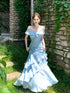 Light Blue Off Shoulder Sweetheart Long Formal Dress, Light Blue Ruffled Floor Length Party Dress