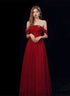Wine Red Off Shoulder Tulle A-line Evening Dress, Wine Red Tulle Long Prom Dress