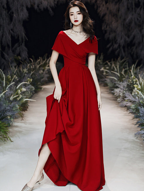 Wine Red A-line Simple Long Party Dress, Wine Red Wedding Party Dress