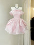 Pink Off Shoulder Mini Prom Dress, Pink Bowknot Puffy Organza Homecoming Dress