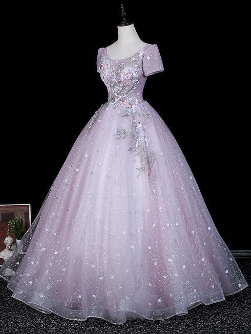 Elegant A-line Floral Lace Short Sleeves Tulle Prom Dress, Glitter Tulle Evening Dress Party Dress