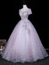 Elegant A-line Floral Lace Short Sleeves Tulle Prom Dress, Glitter Tulle Evening Dress Party Dress