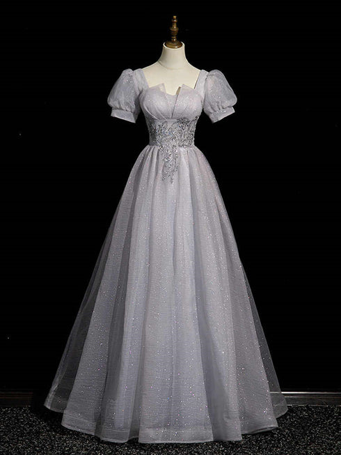 A-line Light Grey Short Sleeves Long Party Dress, Sweetheart Chic Prom Dress Evening Dress