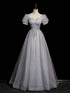 A-line Light Grey Short Sleeves Long Party Dress, Sweetheart Chic Prom Dress Evening Dress