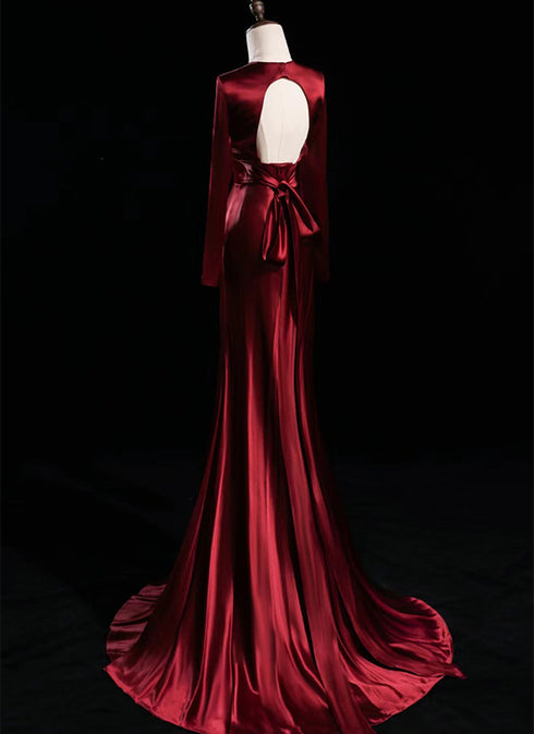 Wine Red Long Sleeves Open Back A-line Prom Dress, Wine Red Satin Wedding Party Dress