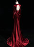 Wine Red Long Sleeves Open Back A-line Prom Dress, Wine Red Satin Wedding Party Dress