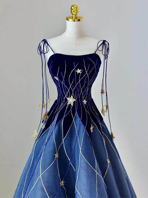 Blue A-line Velvet and Tulle Long Party Dress withEmbroidered Gold Star, Blue Long Formal Dress