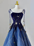 Blue A-line Velvet and Tulle Long Party Dress withEmbroidered Gold Star, Blue Long Formal Dress