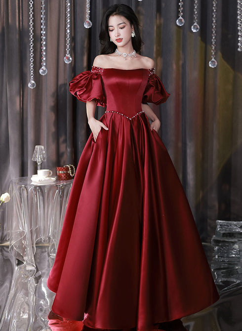 Wine Red Satin Beaded Chic Long Party Dress, Wine Red Puffy Sleeves Prom Dress