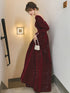 Wine Red Velvet Long Sleeves A-line Party Dress, Wine Red Long Formal Dress