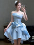 Light Blue Satin Strapless Knee Length Party Dress, Light Blue Homecoming Dress