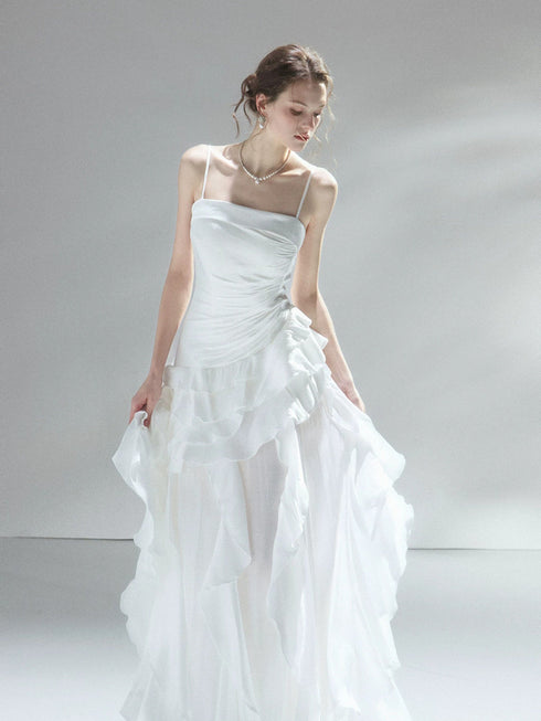 White Satin Straps A-line Long Prom Dress Party Dress, White Layers Long Evening Dress
