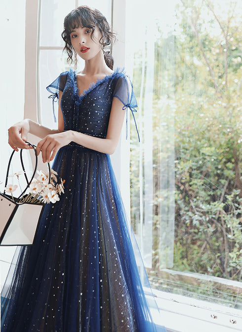 Navy Blue A-line Short Sleeves V-neckline Party Dress, Navy Blue Prom Dress
