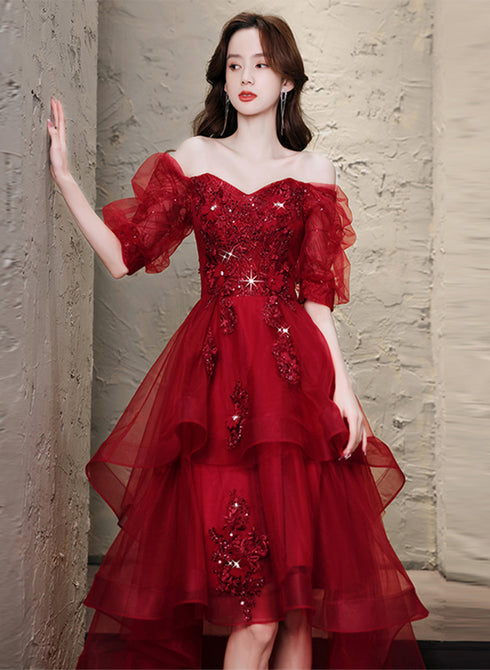Wine Red High low Short Sleeves Homecoming Dress, Wine Red Short Prom Dress Formal Dress