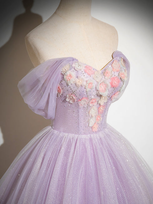 Lavender Tulle Sweetheart Off Shoulder Long Formal Dress, Lavender Prom Dress