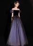 A-line Purple Short Sleeves Tulle and Velvet Long Prom Dress, Long Party Dress