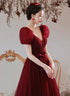 Wine Red Beaded Short Sleeves Tulle Party Dress, Wine Red A-line Long Prom Dress