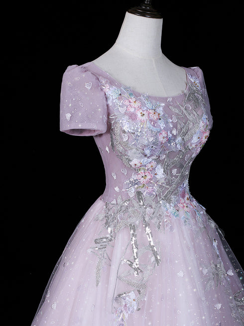 Elegant A-line Floral Lace Short Sleeves Tulle Prom Dress, Glitter Tulle Evening Dress Party Dress