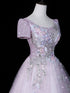 Elegant A-line Floral Lace Short Sleeves Tulle Prom Dress, Glitter Tulle Evening Dress Party Dress
