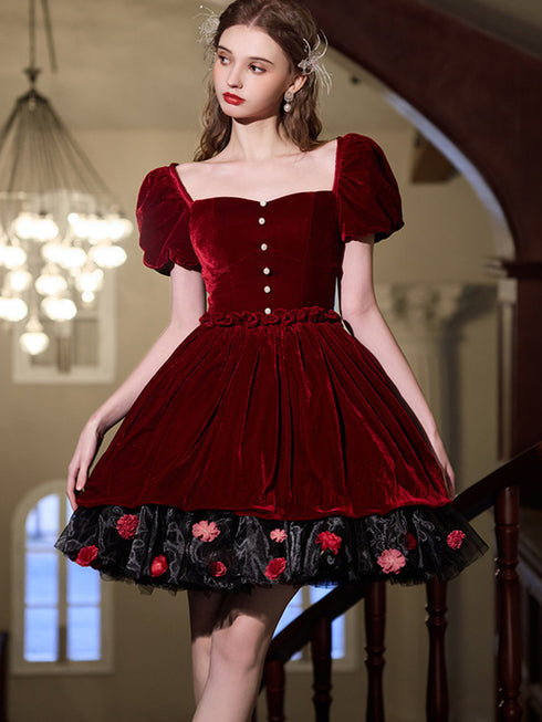Wine Red Velvet Short Party Dress with Short Sleeves, Wine Red Velvet Homecoming Dress