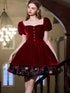 Wine Red Velvet Short Party Dress with Short Sleeves, Wine Red Velvet Homecoming Dress