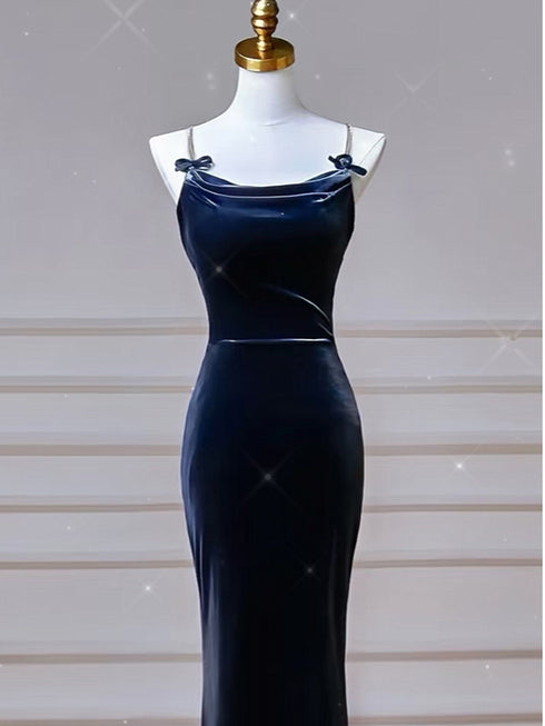 Navy Blue Mermaid Straps Velvet Long Party Dress, Navy Blue Velvet Long Prom Dress