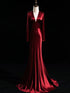 Wine Red Long Sleeves Open Back A-line Prom Dress, Wine Red Satin Wedding Party Dress