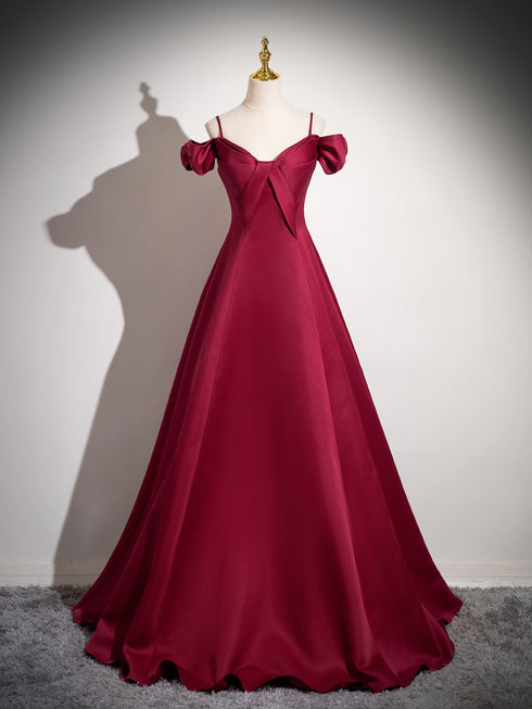 Wine Red Satin V-neckline Long Party Dress Prom Dress, Wine Red Evening Dress