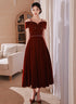 Wine Red Off Shoulder Straps Tea Length Formal Dress, Wine Red Homecoming Dress