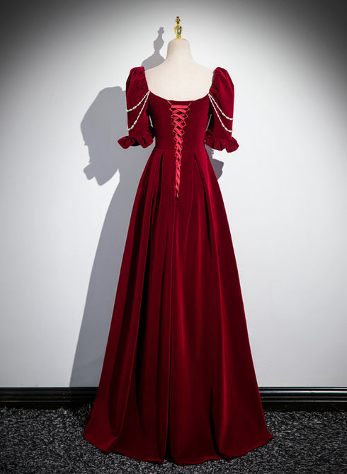 Wine Red Velvet Short Sleeves Long Prom Dress, Wine Red A-line Evening Dress